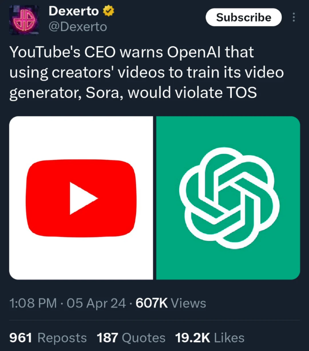 يوتيوب تحذر OpenAI من استخدام محتوى الفيديو دون إذن